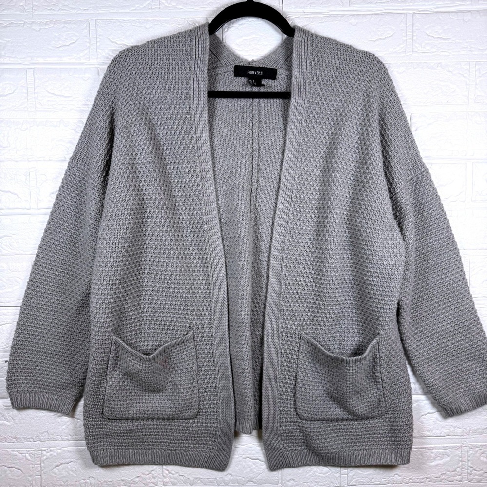 Forever 21 Cardigan Sweater Women Size S Gray Textured Knit Open Front Pockets